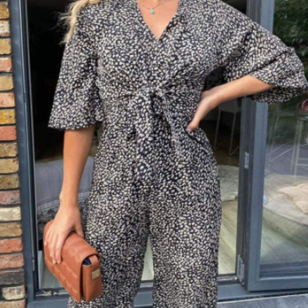 SOLD AX Paris_ WOMEN'S BLACK AZTEC Front Tie JUMPSUIT SZ 8